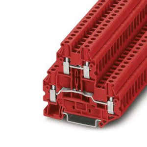 Red industrial terminal block for electrical connections, featuring secure screw terminals and modular design. Suitable for automation and control panel applications.