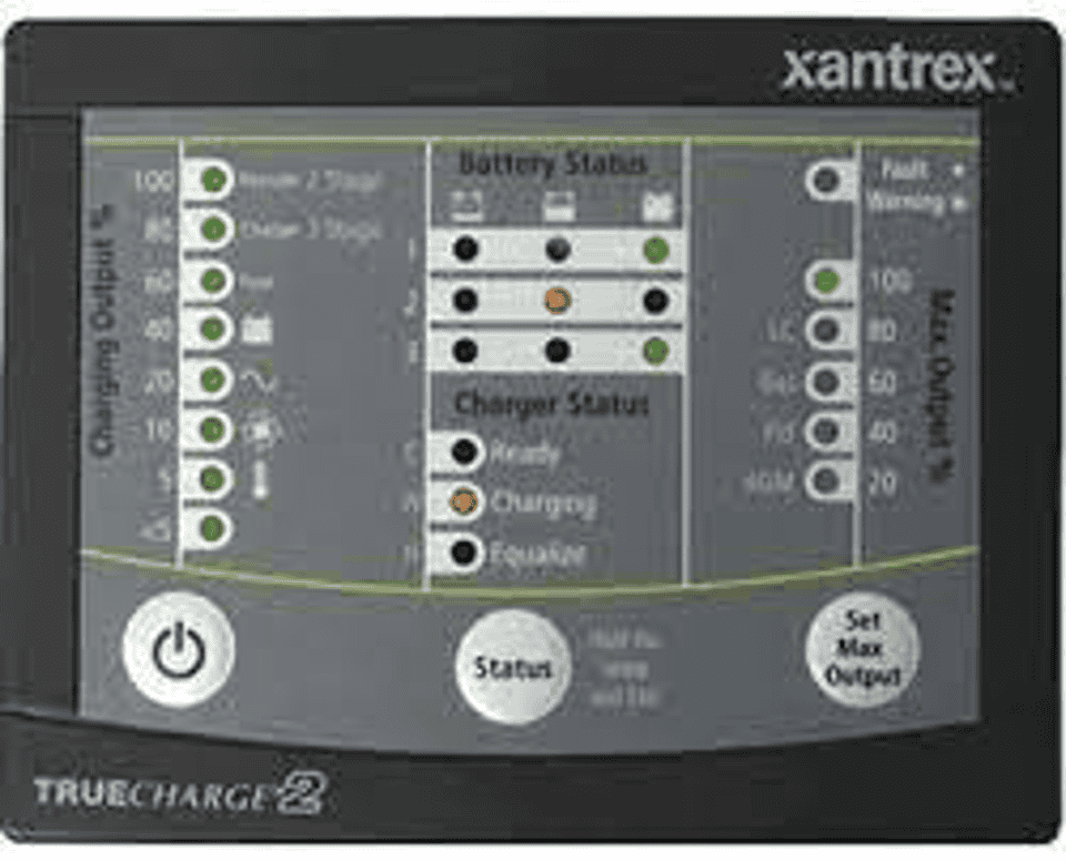 Battery monitoring and charging system control panel for industrial automation and energy management.