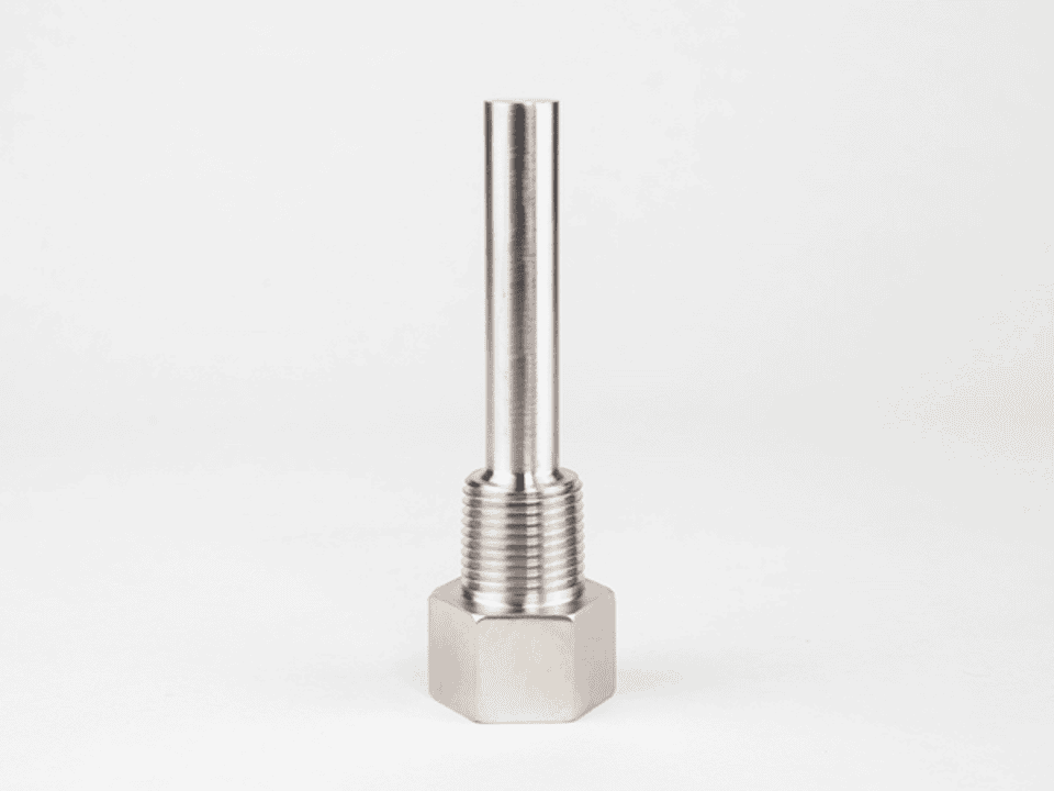 Stainless steel industrial sensor probe for automation systems and process control.