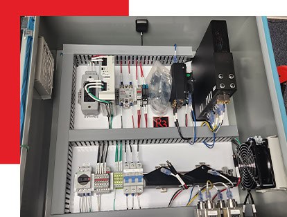 Highly detailed industrial automation control panel with wiring, relays, and electrical components for optimized manufacturing processes.