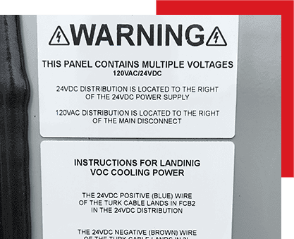 High voltage warning sign for electrical panels, indicating multiple voltages and safety instructions for landings and cooling power management.