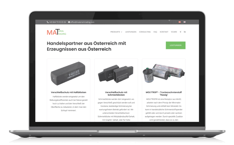Material Trading Online Business Visitenkarte in der Form einer Onepager Website