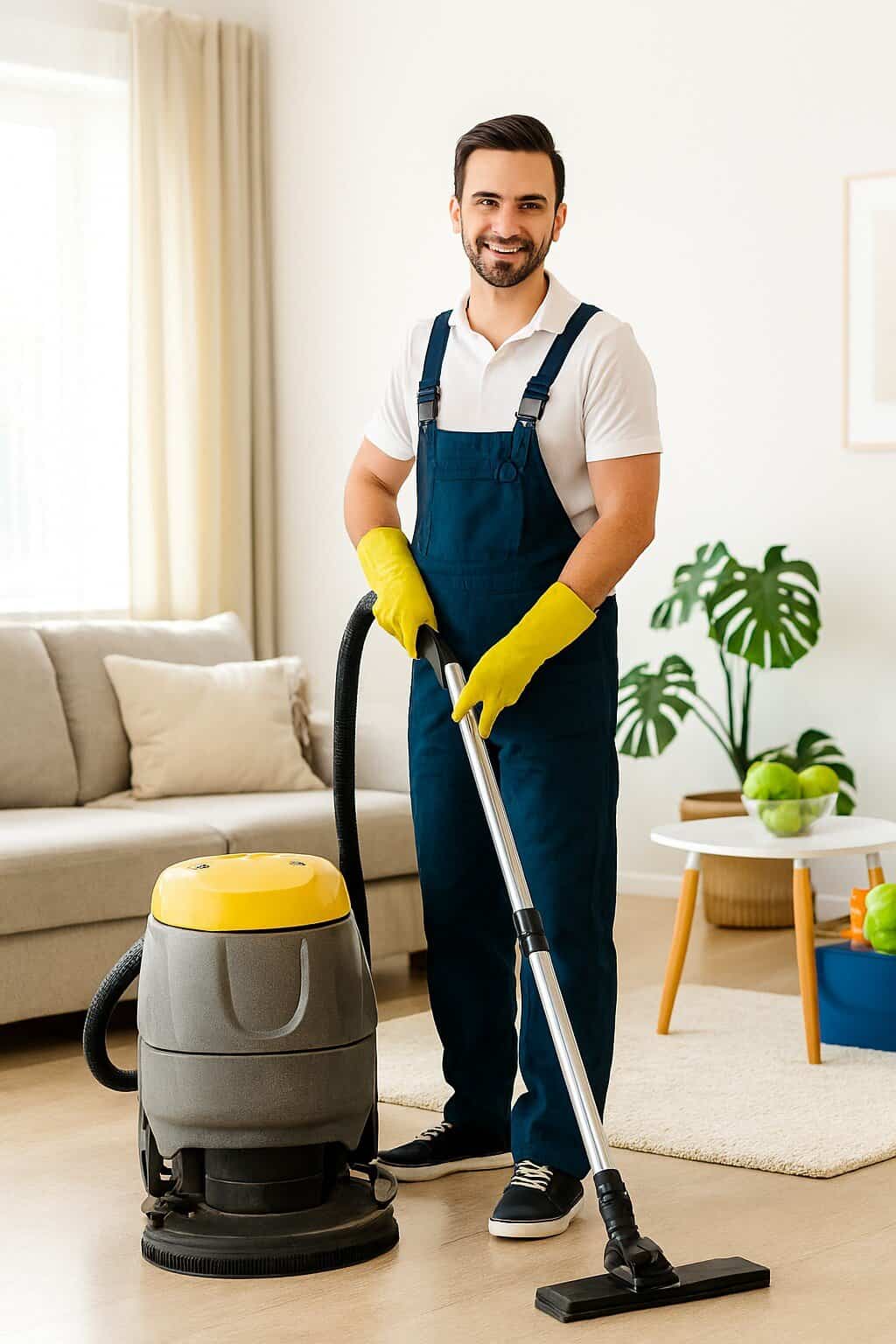 Alt text: Tehnician curățenie cu aspirator profesional, pregătit să ofere servicii de curățare în locuințe, birouri și spații comerciale.