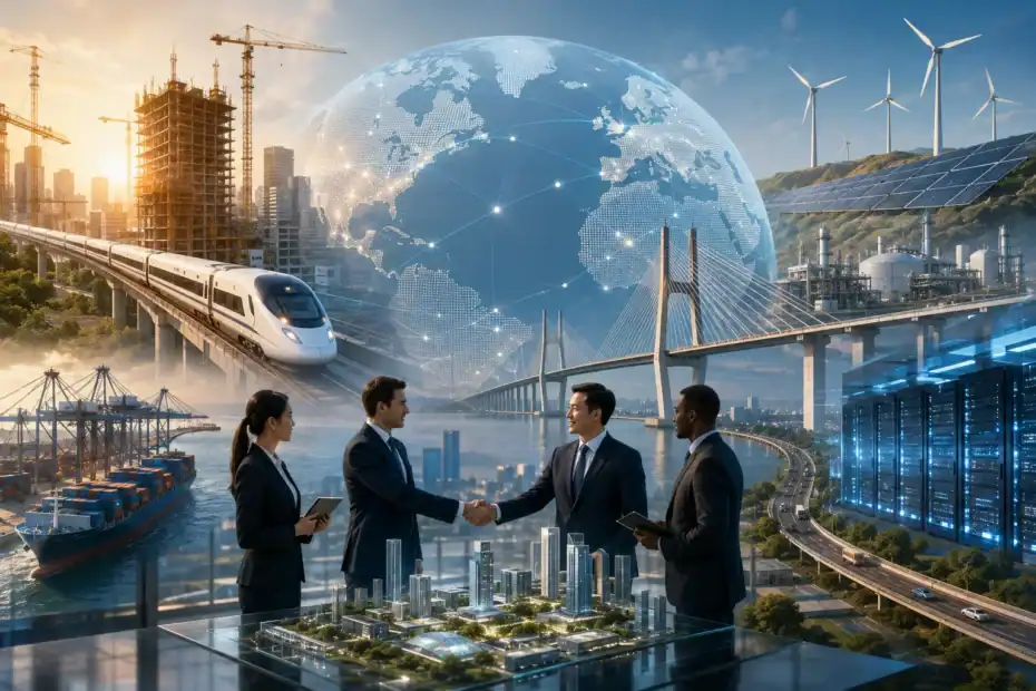 Global infrastructure finance scene with business professionals shaking hands, connected world map, rail, ports, bridges, renewable energy, and data centers.