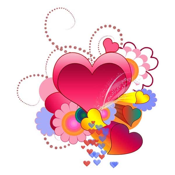 Colorful hearts and floral design symbolizing love and affection.