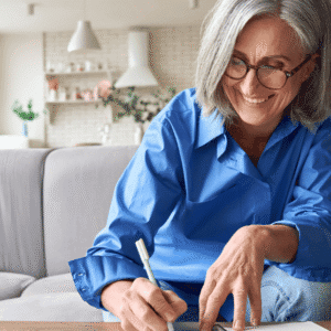 Senior woman writing in a notebook at home, smiling and enjoying her creative activity.
