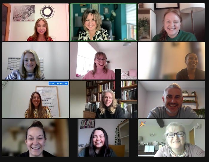 Zoom training session from the accredited 5-day Health & Wellbeing Coach course with students learning online.