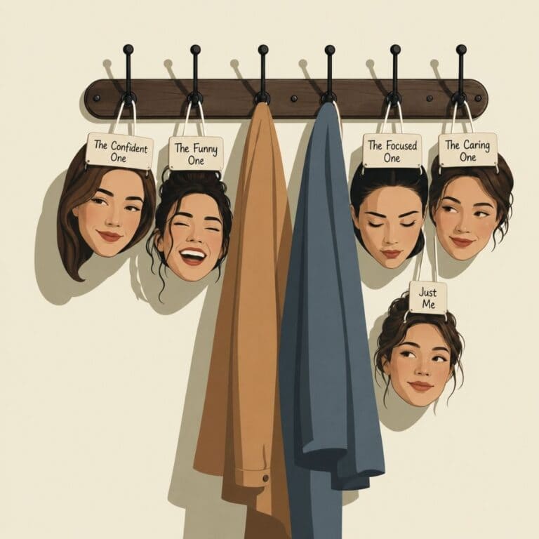 Illustration of different personas we adopt in everyday life, exploring authenticity, identity and personal growth.