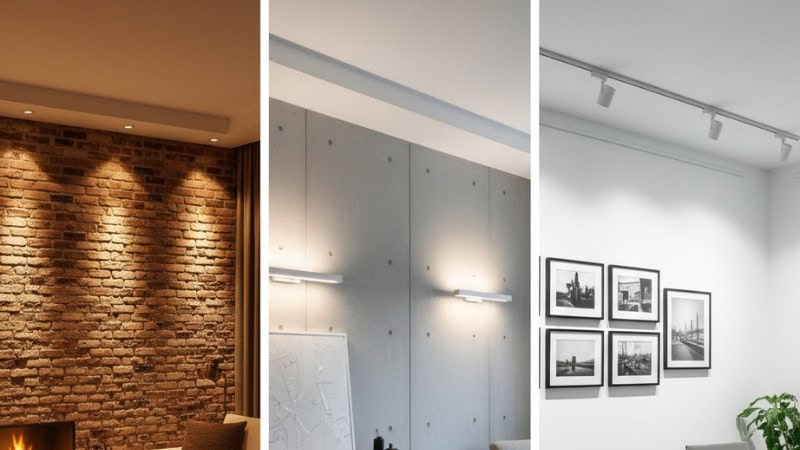 Three separate interior scenes: cozy warm 2700K lounge, balanced 3000K modern living space, crisp 4000K office/gallery. Each scene shows realistic wall washing and light temperature mood. Professional architectural photography, natural colors, soft shadows.