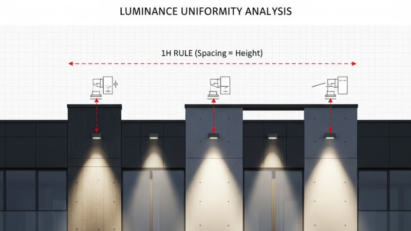 Realistic technical diagram of a building facade showing wall washer fixtures arranged at equal spacing based on mounting height (1H rule). Soft photometric gradients, realistic material textures, clean professional look.