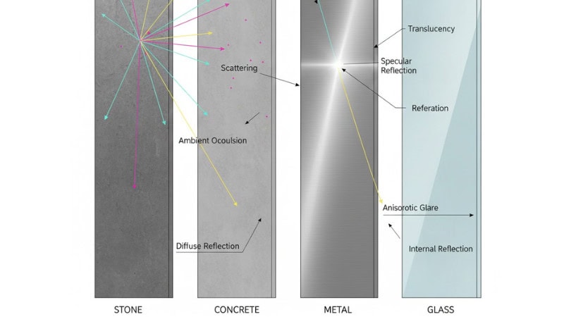 Semi-realistic technical illustration showing how light interacts with different facade materials: stone, concrete, metal, and glass. Each surface is lit with beams showing diffuse reflection, specular reflection, and translucency. Clear labels, clean engineering-style layout, white background, high accuracy, soft colored lighting for clarity.