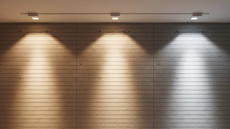 Realistic indoor wall washing demonstration. One continuous wall split into three lighting zones: warm 2700K, balanced 3000K, and crisp 4000K. Each zone shows subtle differences in shadow depth, texture visibility, brightness perception. Photo-realistic architectural interior lighting, clean minimal style.
