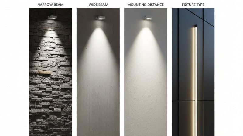 Semi-realistic diagram showing four side-by-side samples of the same wall with different conditions: different beam angles, mounting distances, wall textures, and fixture types. Engineering visualization, but highly realistic wall textures.