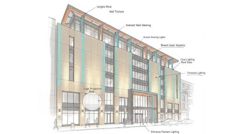 Semi-realistic architectural design sketch showing facade lighting concept development. Hand-drawn style lines combined with soft digital lighting overlays. Highlighted zones showing ambient lighting, accent lighting, logo lighting. Notes and arrows pointing to building elements. Clean white background, professional concept-art look, hybrid sketch + real lighting effects, high detail.