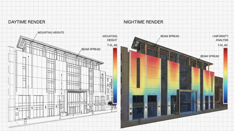 Semi-realistic photometric simulation illustration showing a 3D model of a building facade inside lighting design software. Heatmap-style color gradients showing uniformity, fixture icons placed with mounting heights, beam spread visualized. Split view: daytime render + nighttime render. Professional engineering visualization, 4K clarity, technical accuracy.