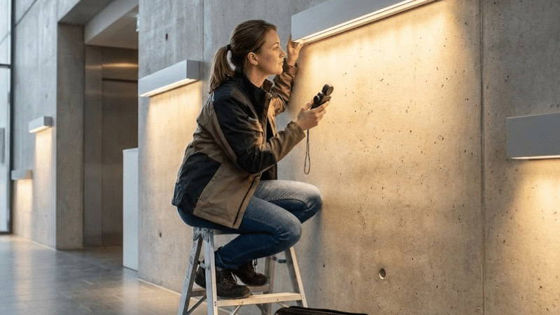 A woman is checking the wall wash lighting alignment.