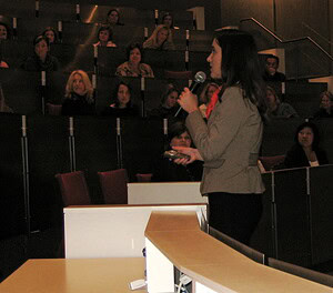 Elizabeth speaking at an all-Wells Fargo event sponsored by Women in Technology