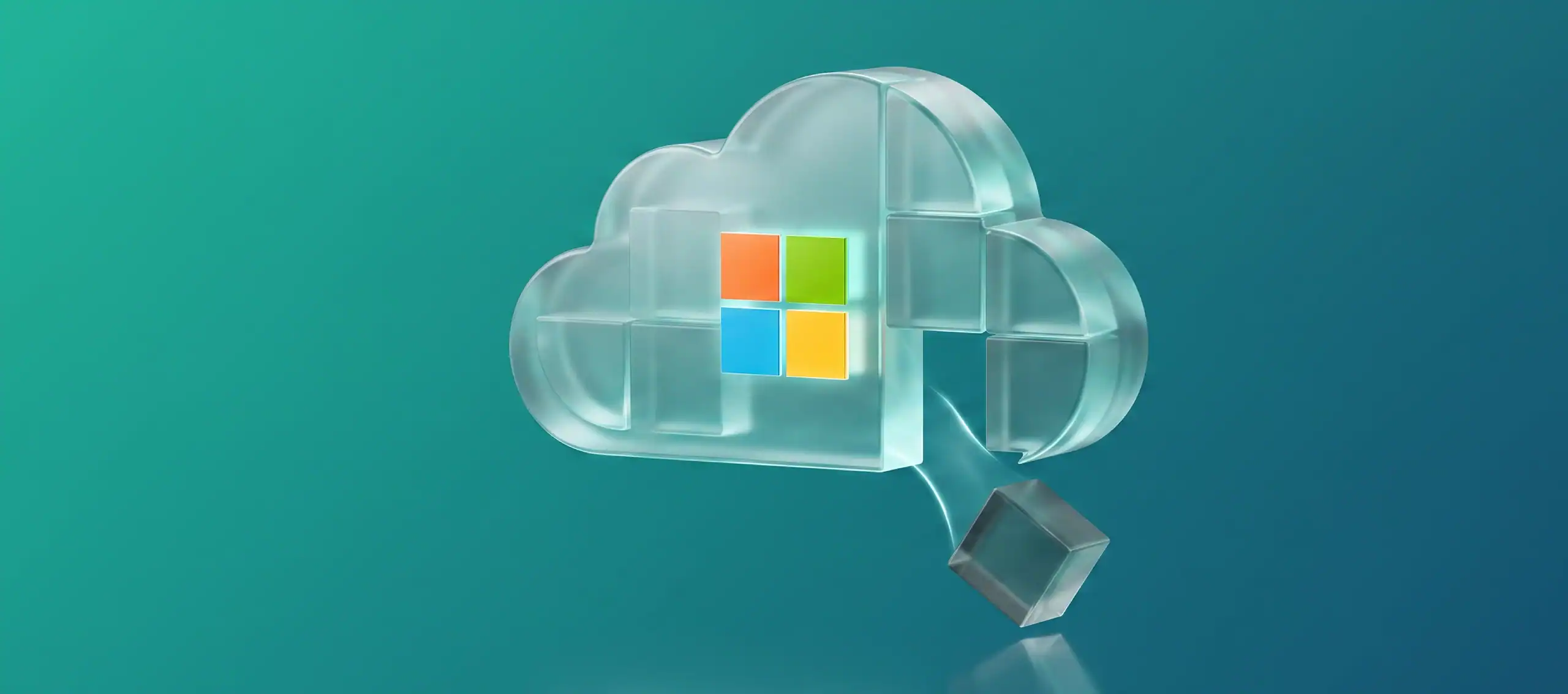 A frosted-glass Microsoft cloud with a cube breaking off, showing why third-party Microsoft 365 backup matters.
