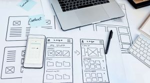 Business website wireframes and design sketches for essential pages.