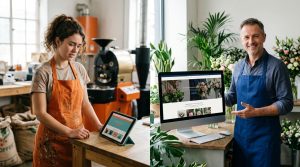 Small business owners discussing "Cheap vs Professional Websites: Which Is Better?" in their shops.