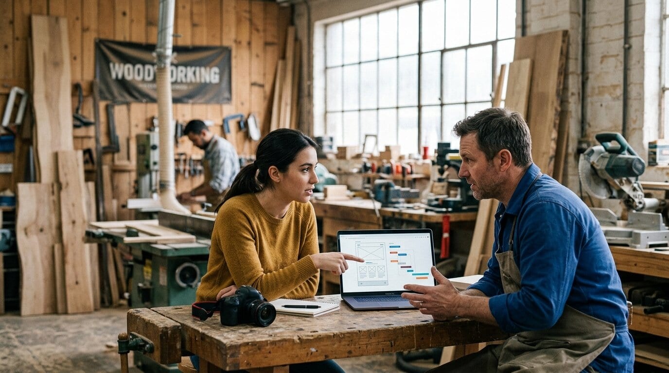 Business meeting discussing website development costs in a workshop setting.
