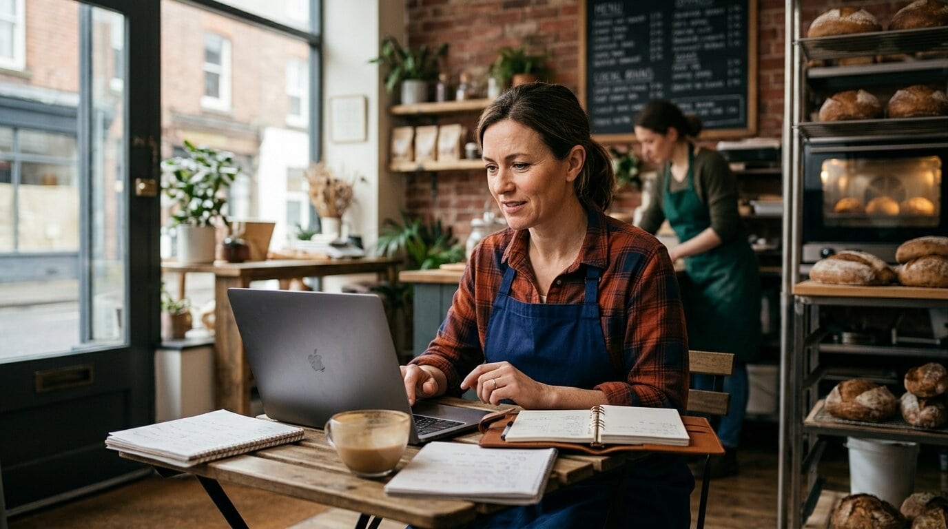 Woman working on a laptop in a cozy cafe, discussing website costs for small businesses.