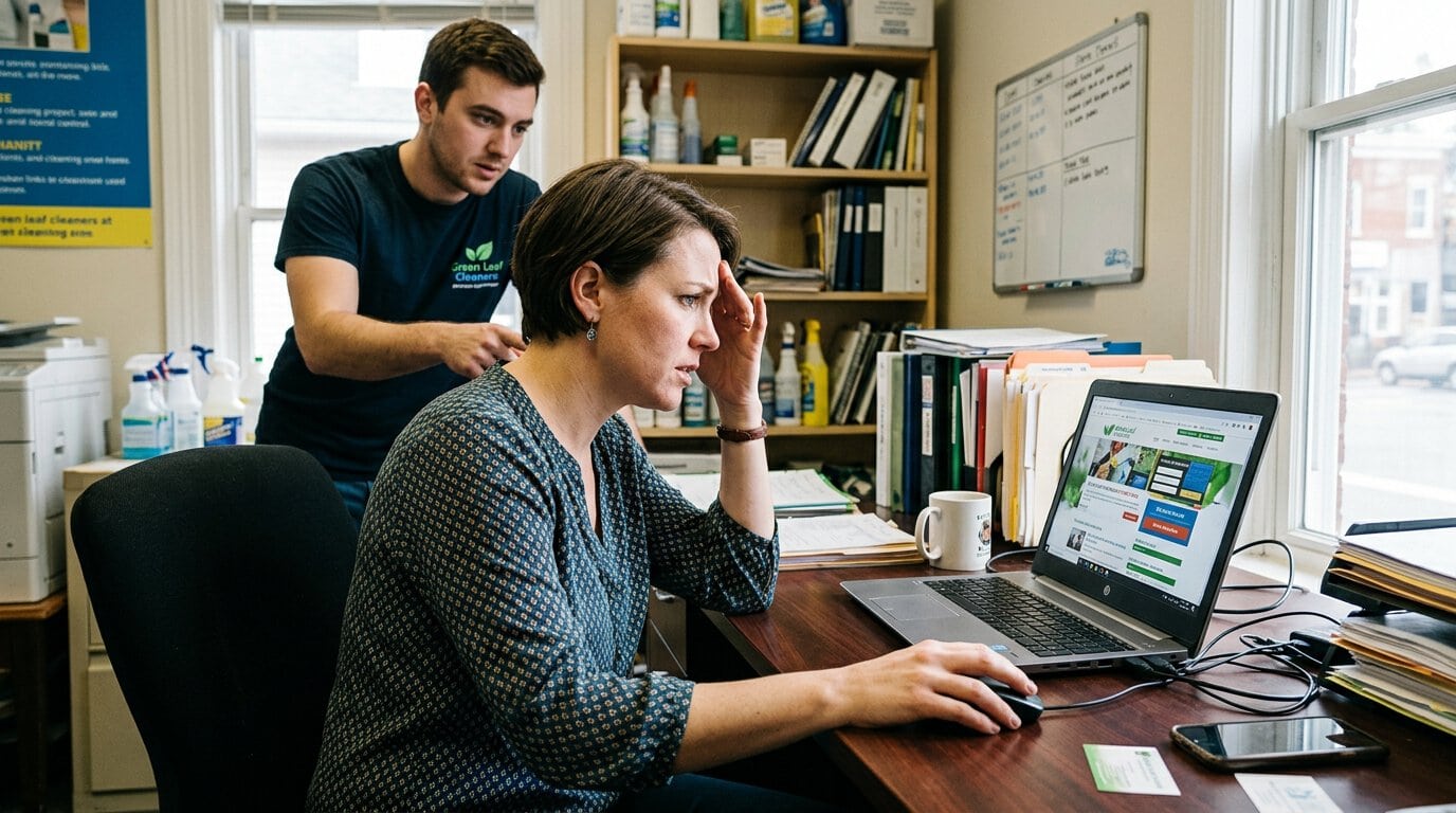 Small business team reviewing website errors on computer screen.