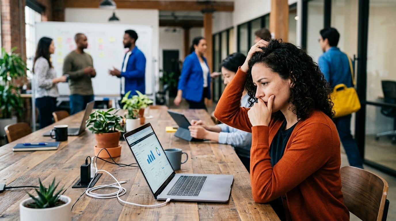 Frustrated woman analyzing website traffic data website traffic but no leads in a busy office setting.