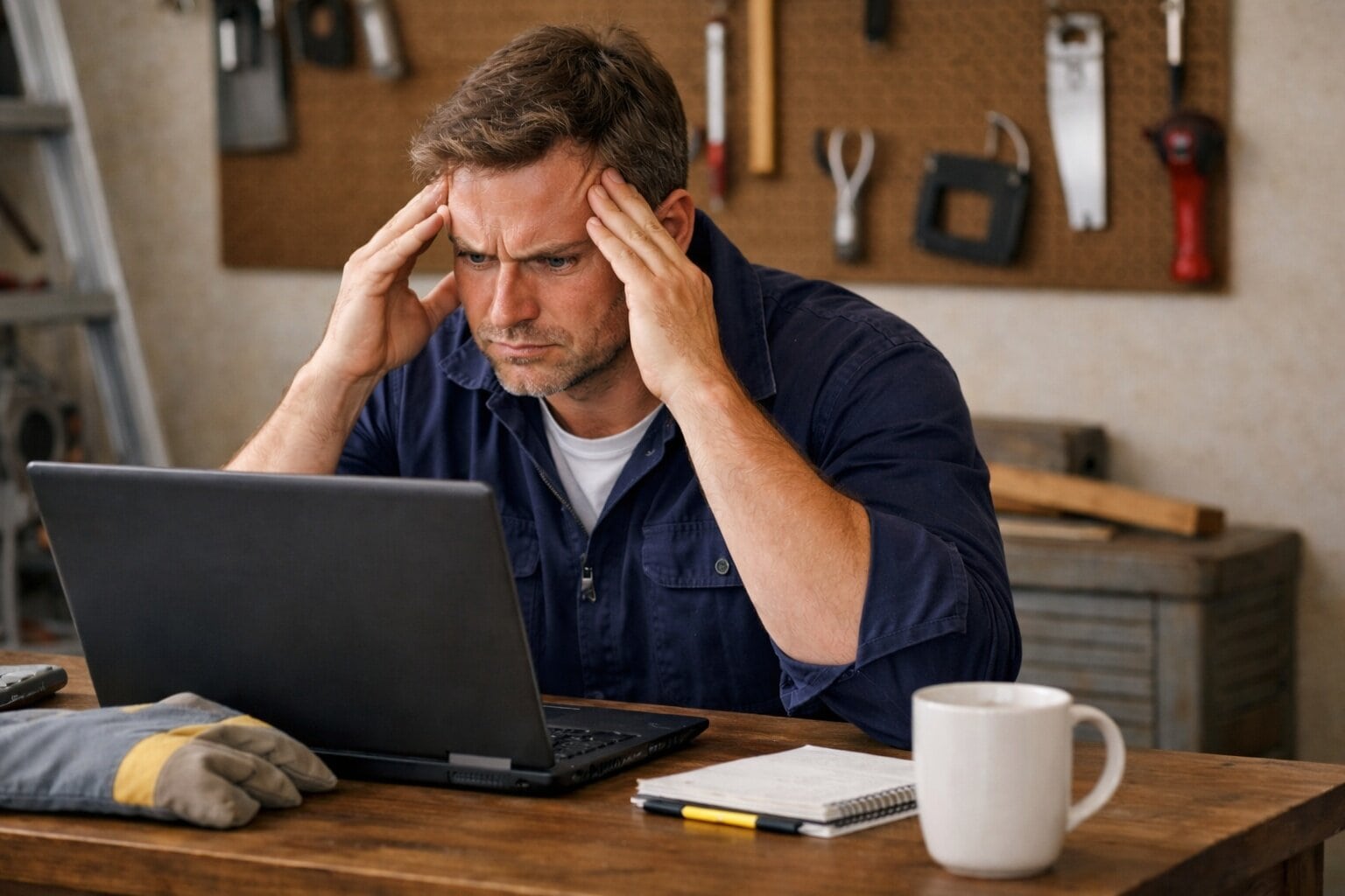 Frustrated man with headache working on laptop about website lead issues.