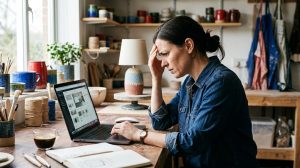 Frustrated woman struggling with website issues on her laptop.