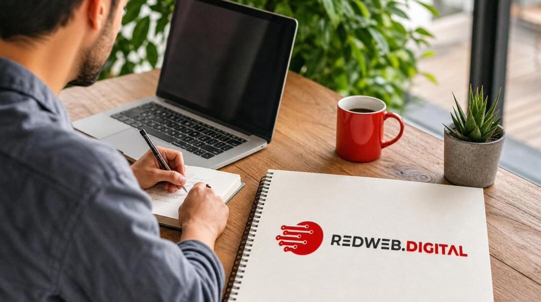 Person working on a laptop with RedWeb.Digital branding on a notebook.