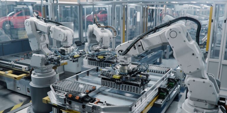 Three robotic arms working on an automated assembly line with component trays and tooling on a production table, in a clean factory setting.