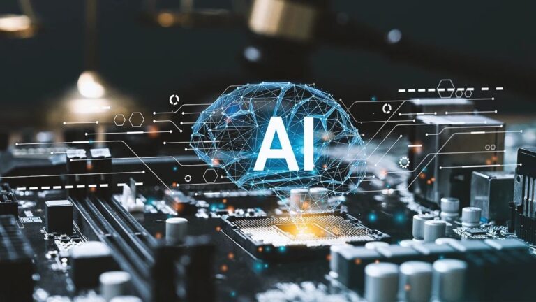 Futuristic digital brain over a circuit board, with the letters AI at the center, symbolizing artificial intelligence in hardware.