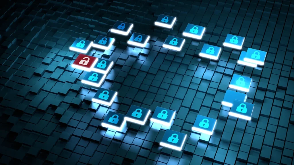 Isometric illustration of glowing blue padlocks on tiles forming a circular security path, symbolizing cybersecurity.