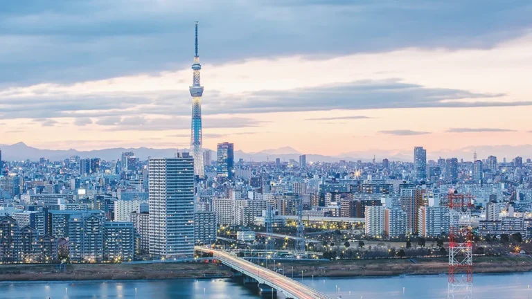 Panoramic Tokyo skyline at dusk with the Tokyo Skytree towering above dense buildings and a lit bridge over the river from the foreground perspective.