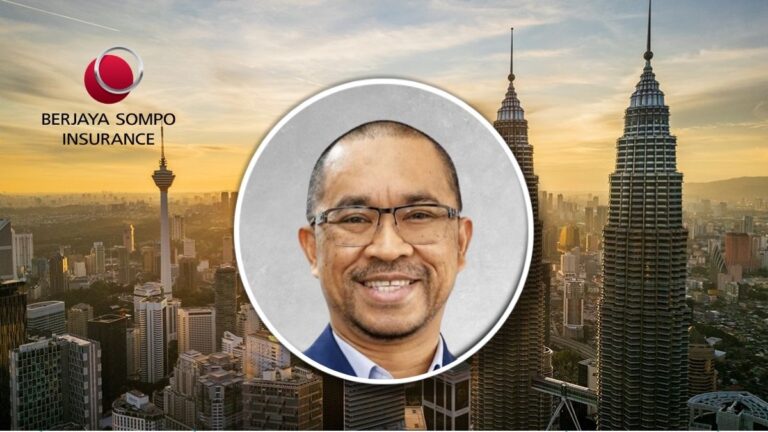 Berjaya Sompo Insurance logo over Kuala Lumpur skyline at sunset with a circular portrait in the center, of a smiling man.