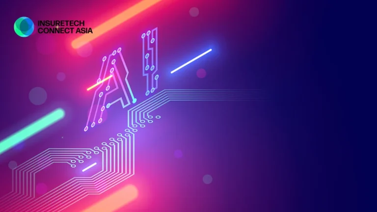 Neon circuit-art illustration on a dark blue background with the InsureTech Connect Asia logo in the top-left.