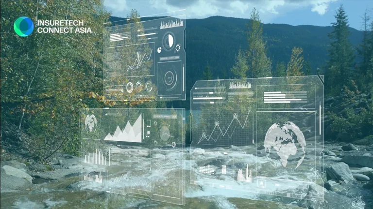 Outdoor river scene with transparent holographic charts and graphs overlaid, and the InsureTech Connect Asia logo in the top-left corner.