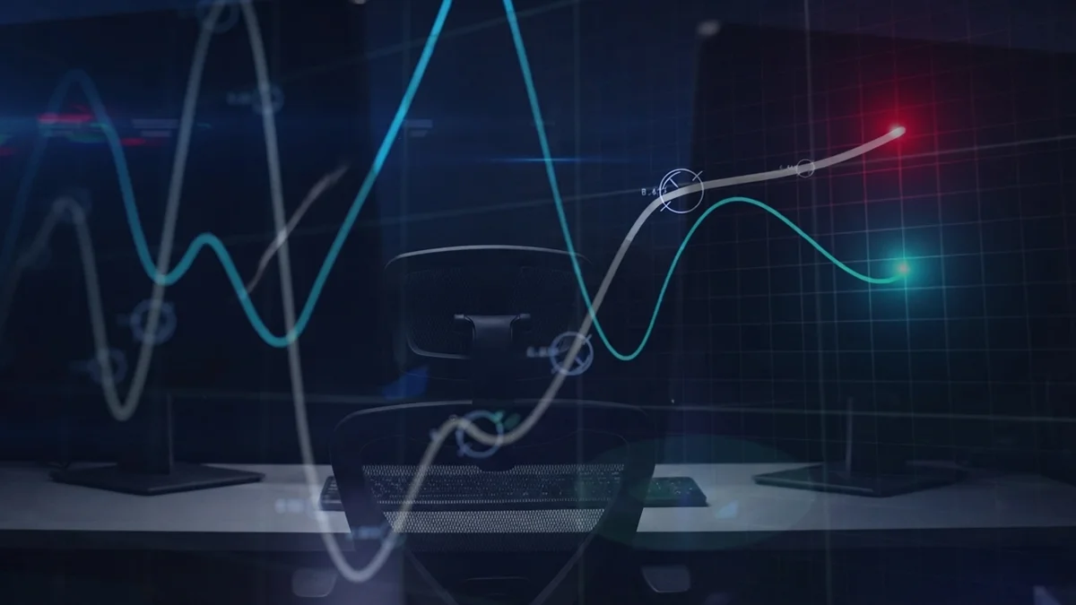 Dark office scene with a high-tech chair and desk, overlaid with glowing financial graphs and data lines representing analytics/markets.
