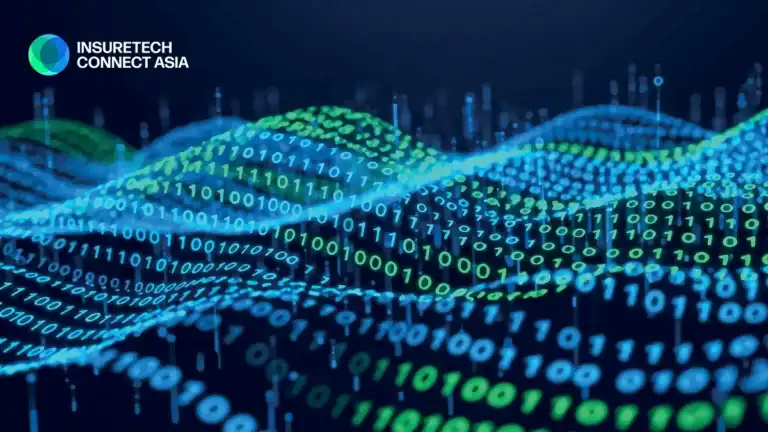 Abstract digital data waves in blue and green over a dark background, with the InsureTech Connect Asia logo in the top-left corner.