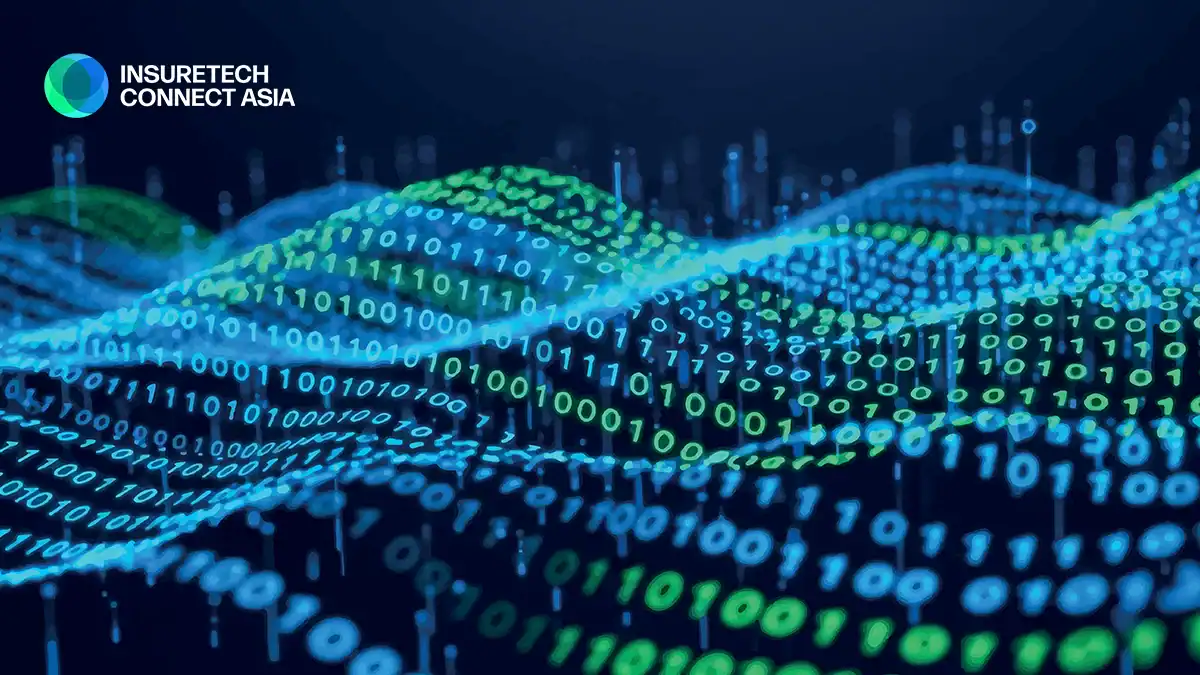 Abstract digital data waves in blue and green over a dark background, with the InsureTech Connect Asia logo in the top-left corner.