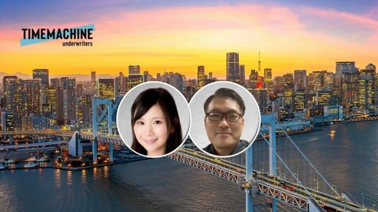 Sunset city skyline with a large bridge and two circular portraits overlaid, plus the TIMEMACHINE underwriters logo in the corner.