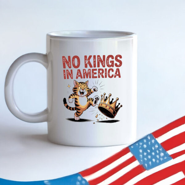 Fierce Tabby Kicking the Crown Protest Cup, No Kings in America Cat Mug