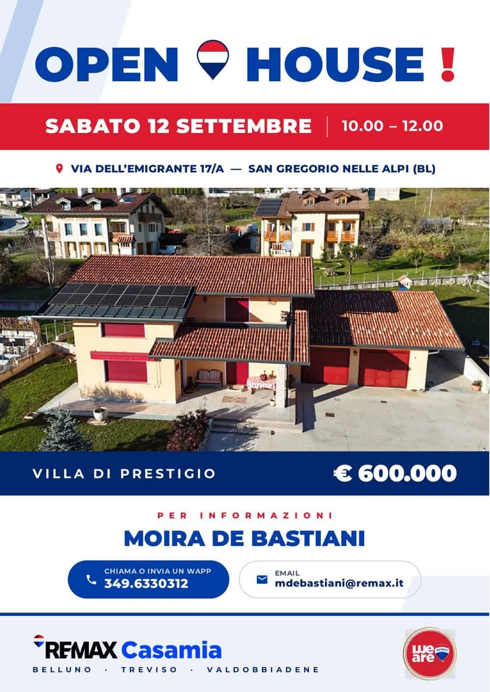 Volantino dell'open house a San Gregorio nelle Alpi, fronte: data, orario, indirizzo e foto della villa
