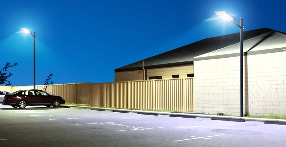 Integrated streetlights are installed in the parking lot