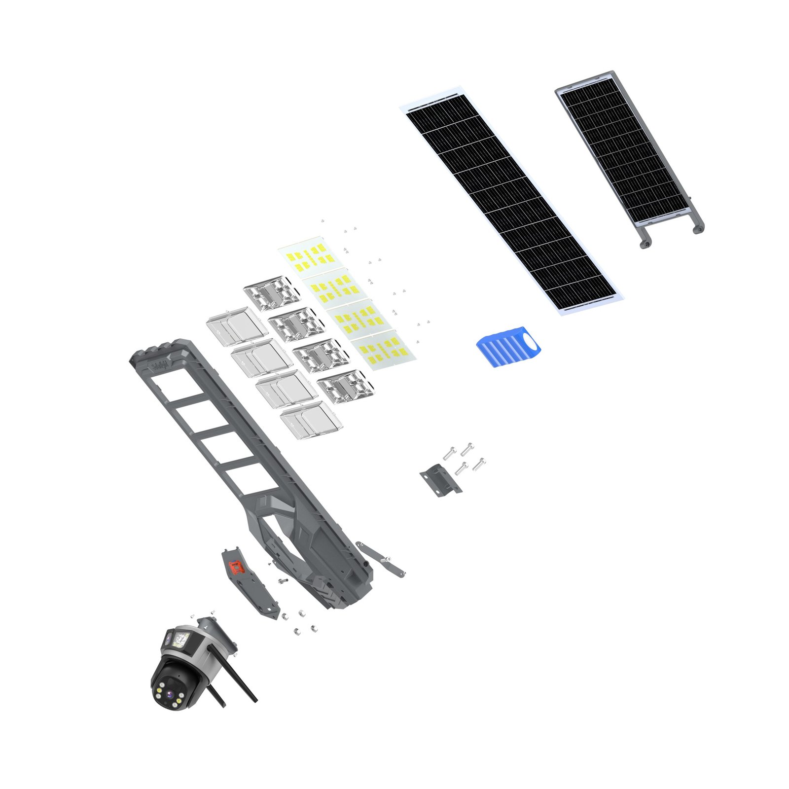 Exploded view of a solar surveillance light.