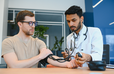 indian doctor holding dial while measuring man s blood pressure 1