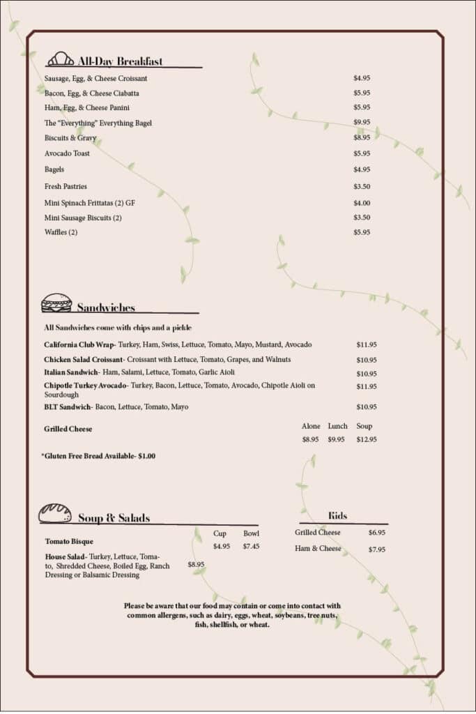 Next Steps Training Program & Riverside Coffee 3 Riverside Coffee Shop breakfast menu featuring fresh pastries, bagels, and hearty breakfast options.