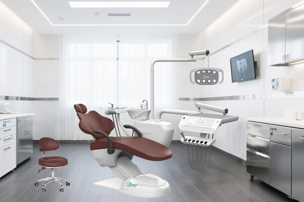 A well-planned dental operatory design, with the dental chair as the central element for optimal workflow.