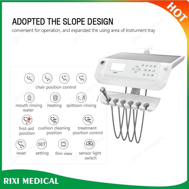 手术口腔治疗设备，配备多功能控制面板和多根手柄，适用于牙科诊疗操作。.